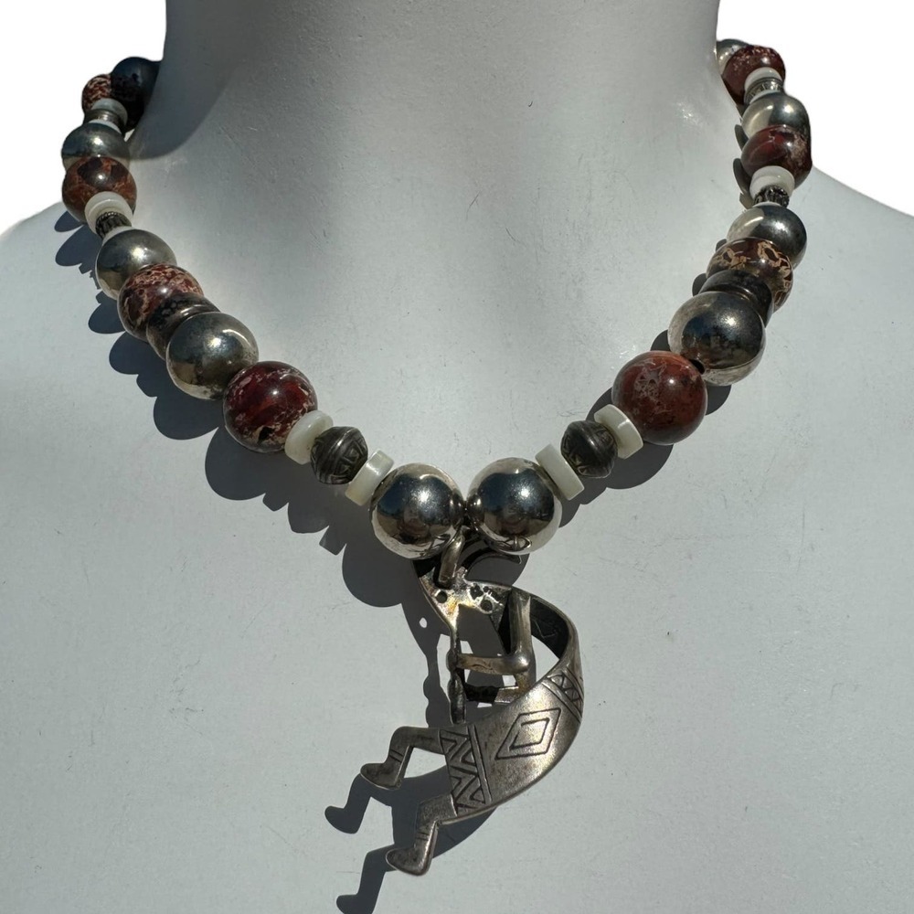 Brecciated Jasper Sterling Navajo 3D Kokopelli Beaded Necklace